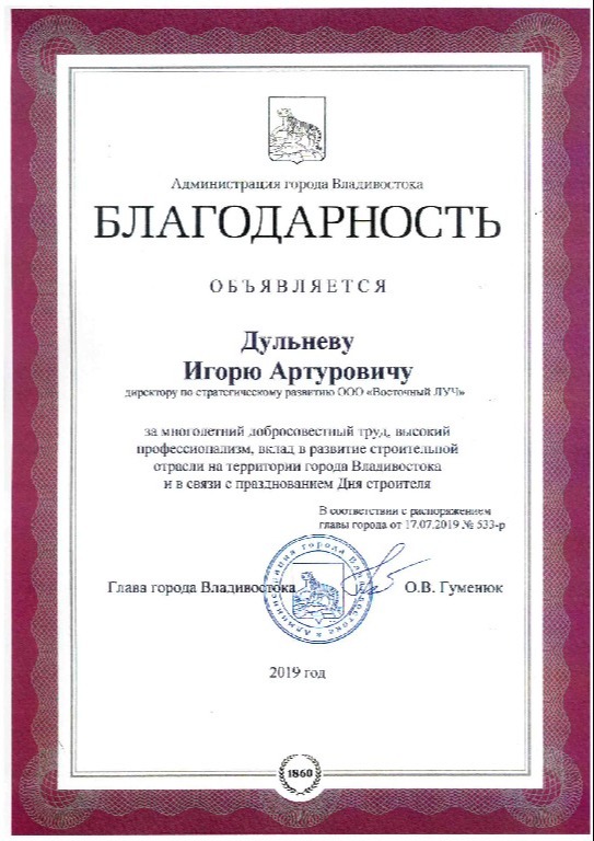 Благодарность Дульневу Игорю Артуровичу 2019