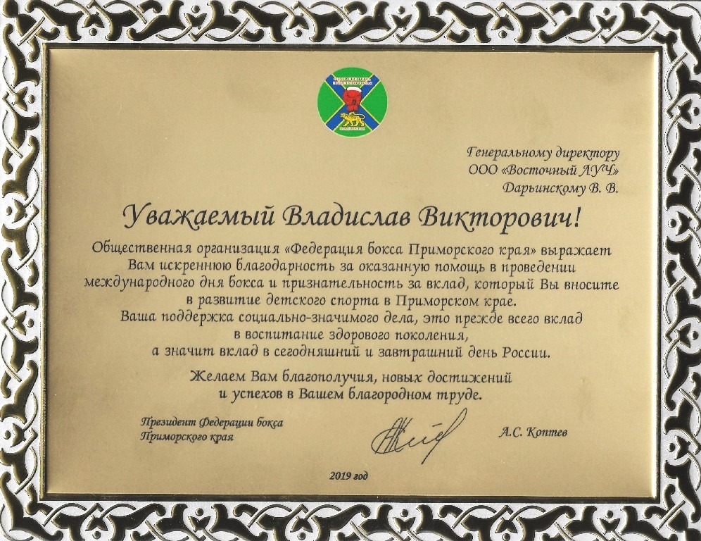 Благодарность от Президента Федерации бокса Приморского края 2019